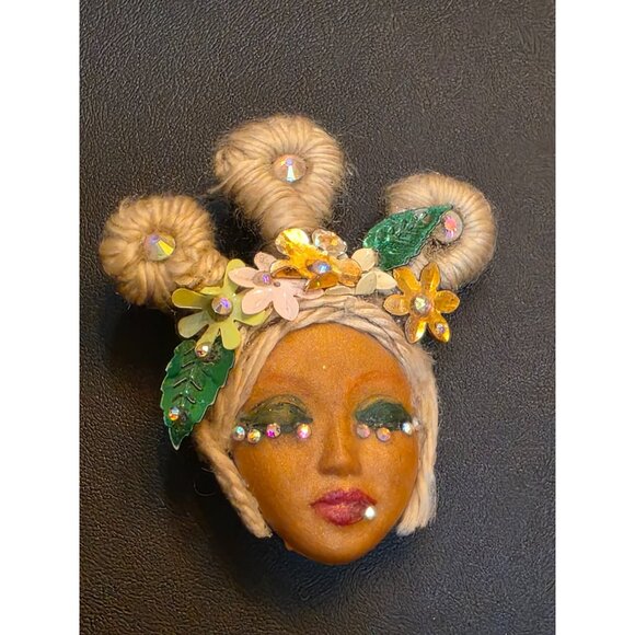 Handcrafted Face Brooch With Floral Accents & Rhinestones - Picture 9 of 10